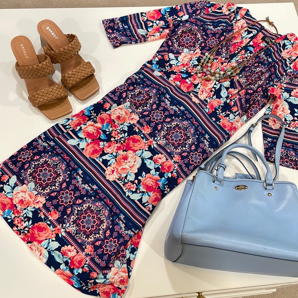 Single Los Angeles Floral Boho Dress | Pink Blue Print 3/4 Sleeve